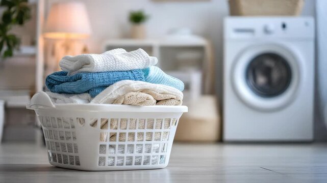 Laundry basket with clean towels in modern laundry room