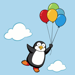 Joyful cartoon penguin soaring through the sky with colorful balloons