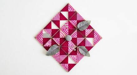 Fototapeta premium Geometric Beetroot Art Composition Adorned With Leaves, Stone, On White Surface
