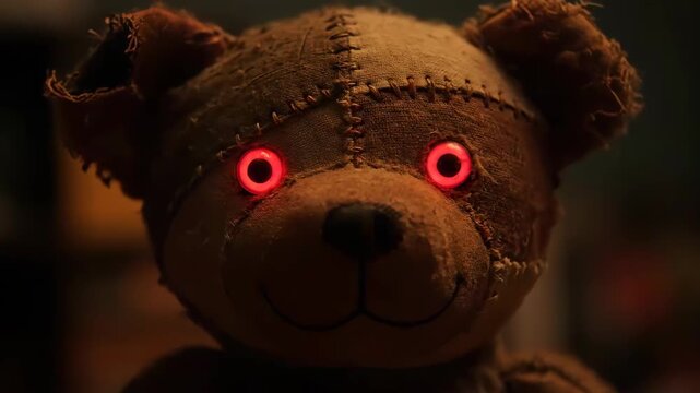 Close up of a menacing teddy bear with glowing red eyes in a dimly lit setting