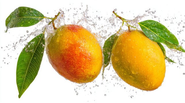 Two mangoes are illustrated in the midst of a lively orange juice splash, which is overflowing from the mangoes and evoking a sense of energy and freshness