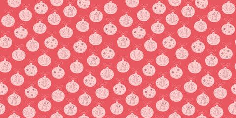 Christmas balls. Christmas tree decorations. Seamless pattern. Snowflakes, snowman, and tree. Drawings, doodles. New Year's wallpaper, decor for holiday packaging, textiles. Winter background.