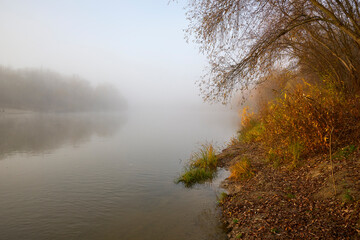 Foggy dawn in autumn by the river.
