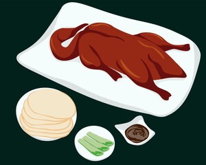 Peking duck, vector illustration of a traditional dish, served with rice pancakes, onions, and hoisin sauce