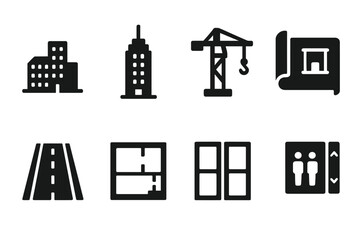 Fototapeta premium City Development Icons. City Development. Filled icon set of City Development: city skyline, skyscraper, crane