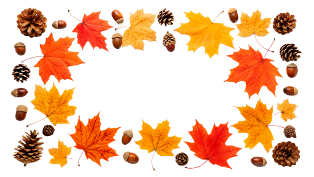 Colorful autumn leaves and pine cones arranged in a decorative frame. The background is transparent, ideal for overlays and designs.