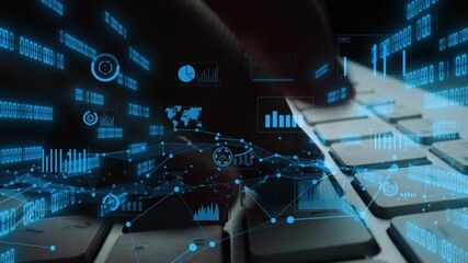 A close-up view of a finger typing on a keyboard with a futuristic digital overlay showcasing charts and graphs, representing data analysis and technology trends. Xenic - Powered by Adobe
