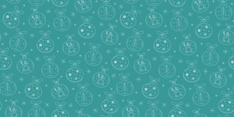 Christmas ball pattern. Christmas tree decorations. Set of snowflakes, snowfall, snowman, pine tree. Doodle drawing. New Year's decor. Winter festive vector seamless background.
