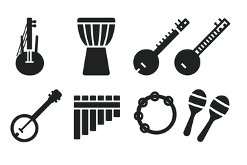 Obraz premium Ethnic Instrument Icons. Ethnic Ensemble. Filled icon set of Ethnic Ensemble: kora, djembe, accordion, sitar,