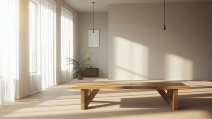 Sunlit modern interior with wooden bench and plant