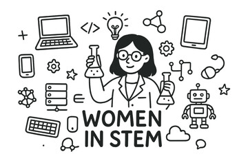 Women in STEM Doodles. Women in STEM. Hand-drawn doodle illustration of Women in STEM. In the middle, one