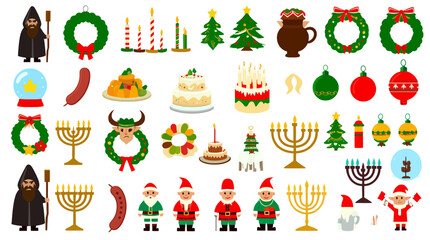 Christmas and Hanukkah clipart set features holiday foods, gifts, and characters for festive designs.