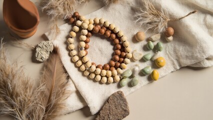 Beautiful handmade beads on a cloth background with stone pieces