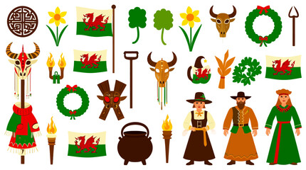 Bright Welsh Heritage elements and characters on white shows traditional symbols for travel posters and cultural event promotion.