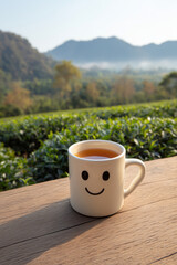Happy Mug with Tea on Wooden Table Overlooking Scenic Landscape