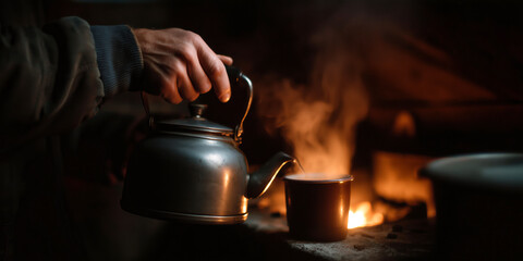 Steaming Kettle Pouring Hot Water into a Mug on a Cozy Fireplace