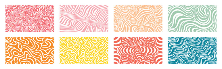 Abstract Wavy Line Pattern Collection. Fluid Maze & Psychedelic Curved Line Textures,  Modern Seamless Vector Backgrounds.