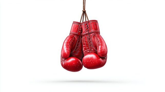 Two red and white boxing gloves hang suspended from a rope, one glove is located on the left side and the other glove is on the right side, and the appearance is that of a boxing match, with the rope