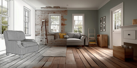 Modern Living Room Concept with Sketch and Realistic Elements