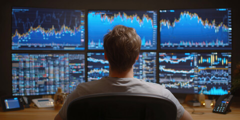 Trader Analyzing Stock Market Data on Multiple Monitors in Office