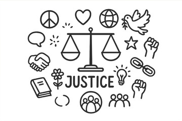 Naklejka premium Justice Doodle Illustration. Justice. Hand-drawn doodle illustration of Justice. In the middle, one slightly