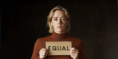 Portrait of Woman Holding Equal Sign in Simple Studio Background