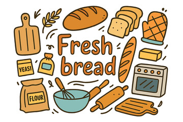 Fresh Bread Doodle Icons. Fresh bread. Hand-drawn doodle illustration of Fresh bread. loaf of bread, sliced