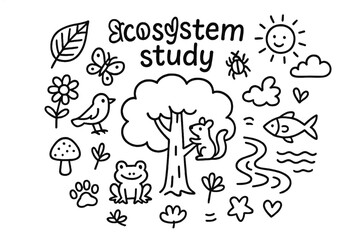 Ecosystem Doodle Study. Ecosystem study. Hand-drawn doodle illustration of Ecosystem study. In the middle, one