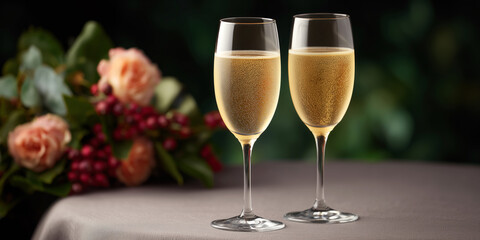Elegant Champagne Glasses with Roses and Berries for Celebration