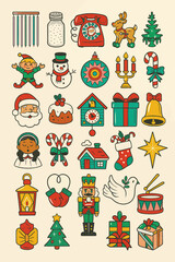 Retro Christmas pattern features various festive elements in bright colors. For product packaging, scrapbooking, and holiday greeting cards.