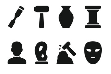 Sculpting Tools Icon Set. Sculpting Tools. Filled icon set of Sculpting Tools: chisel, hammer tool, clay pot,