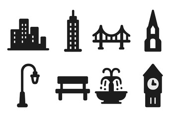 Urban Icon Collection. Cityscape Sketch. Filled icon set of Cityscape Sketch: skyline, skyscraper, bridge,