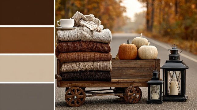 An autumn collage that exudes coziness, complete with a cup of coffee, pumpkins, knitted sweaters, a serene fall pathway, and a soft lantern glow