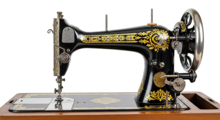Antique Sewing Machine Ornate Black Metal Golden Floral Details Isolated