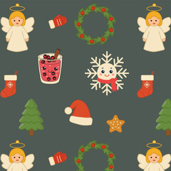 Berry cocktail, snowflake, angel, and Santa Claus attributes. Christmas pattern