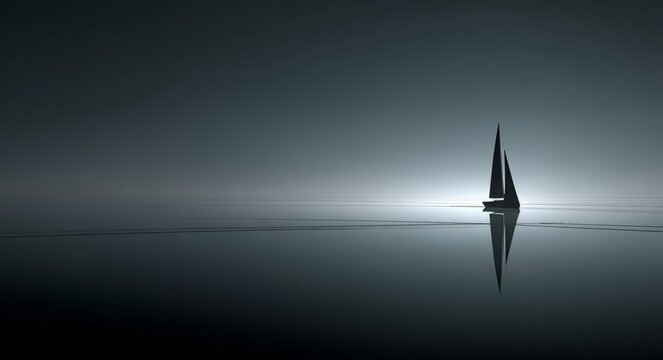 Across the vast and serene ocean, a single sailboat moves gracefully, conveying a sense of adventure and tranquility in its gentle journey