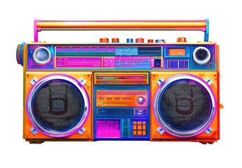 Fototapeta premium Retro boombox, vibrant colors, digital art. A stylized, graphic representation of a vintage boombox. Bold, bright orange chassis, neon pink/purple accents. 