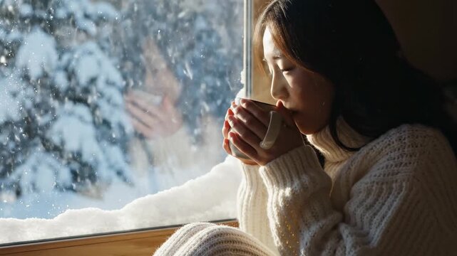 따뜻한 니트 스웨터를 입은 젊은 아시아 여성이 머그컵을 들고, 햇살 좋은 겨울날 창밖의 눈을 바라보는 모습 solo woman. 
