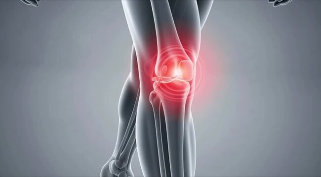 Digital visualization of human knee joint with inflammation in closeup with glowing red pain indicator