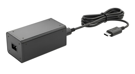 Black power adapter with usbc cable isolated on transparent background