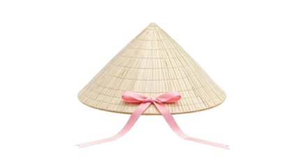 Asian conical straw hat with pink ribbon isolated on black background traditional headdress