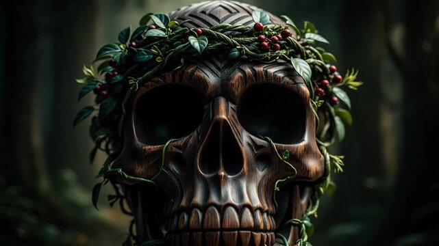 Intricately carved skull with vegetation in moody forest