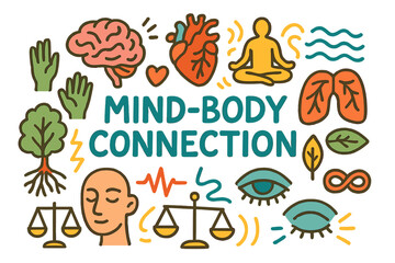 Naklejka premium Mind-Body Harmony. Mind-Body Connection. Hand-drawn doodle illustration of mind-body connection. Brain, heart,