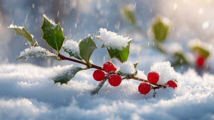 Holly branch with berries buried in snow. Winter morning
