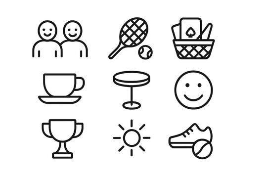 Weekend Icon Set. Weekend activity. Line outline icon set of weekend activity: friends, tennis racket, cards,
