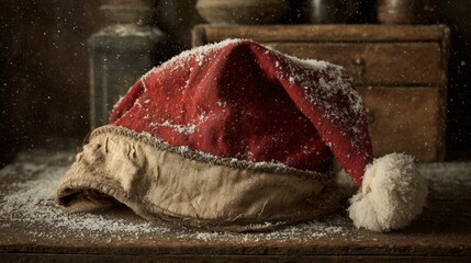 Santa hat dusted with snow. Vintage vibes