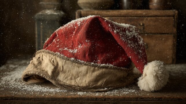 Santa hat dusted with snow. Vintage vibes