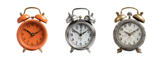 Three vintage-style alarm clocks in orange, silver, and gray