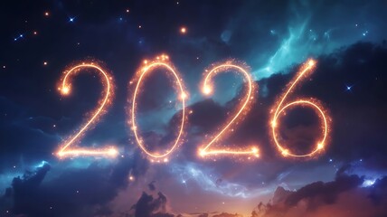 Happy New Year 2026 Futuristic Neon 3D Text with Cloud and Night Sky Background