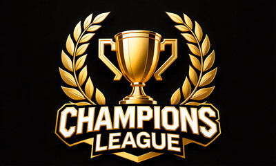 Golden Champions League Trophy and Laurel Wreath Emblem on Elegant Black Background